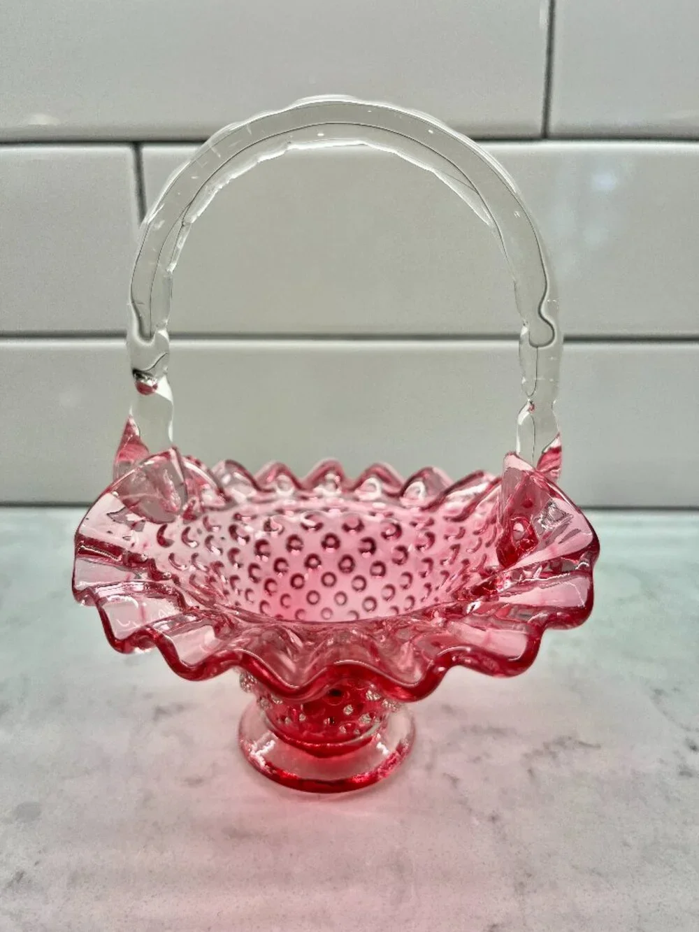 Vintage Fenton Cranberry Opalescent Hobnail Glass Basket